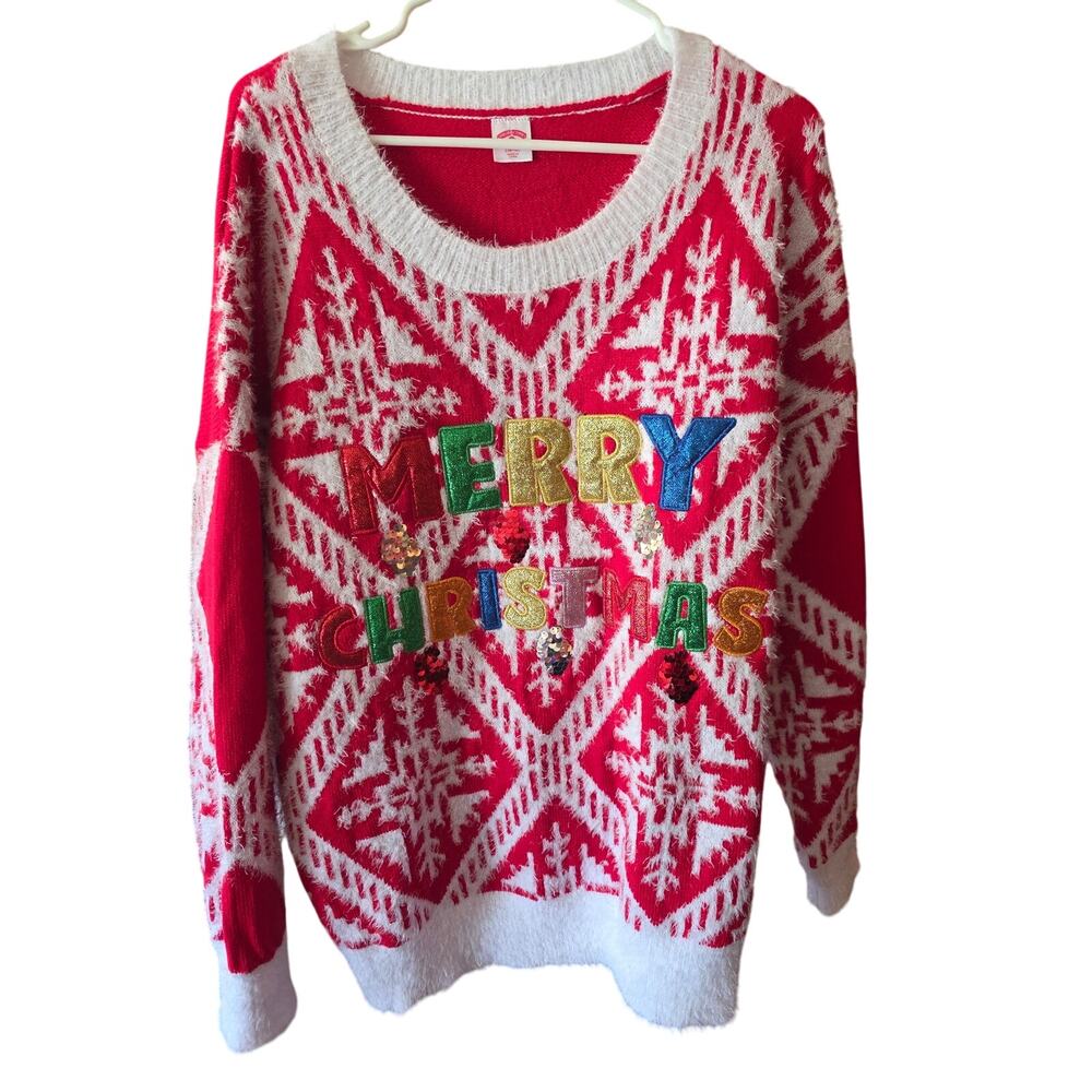 Holiday Time Ugly Christmas Sweater XL Womens Fuzzy Sequin Sparkle Party Holiday